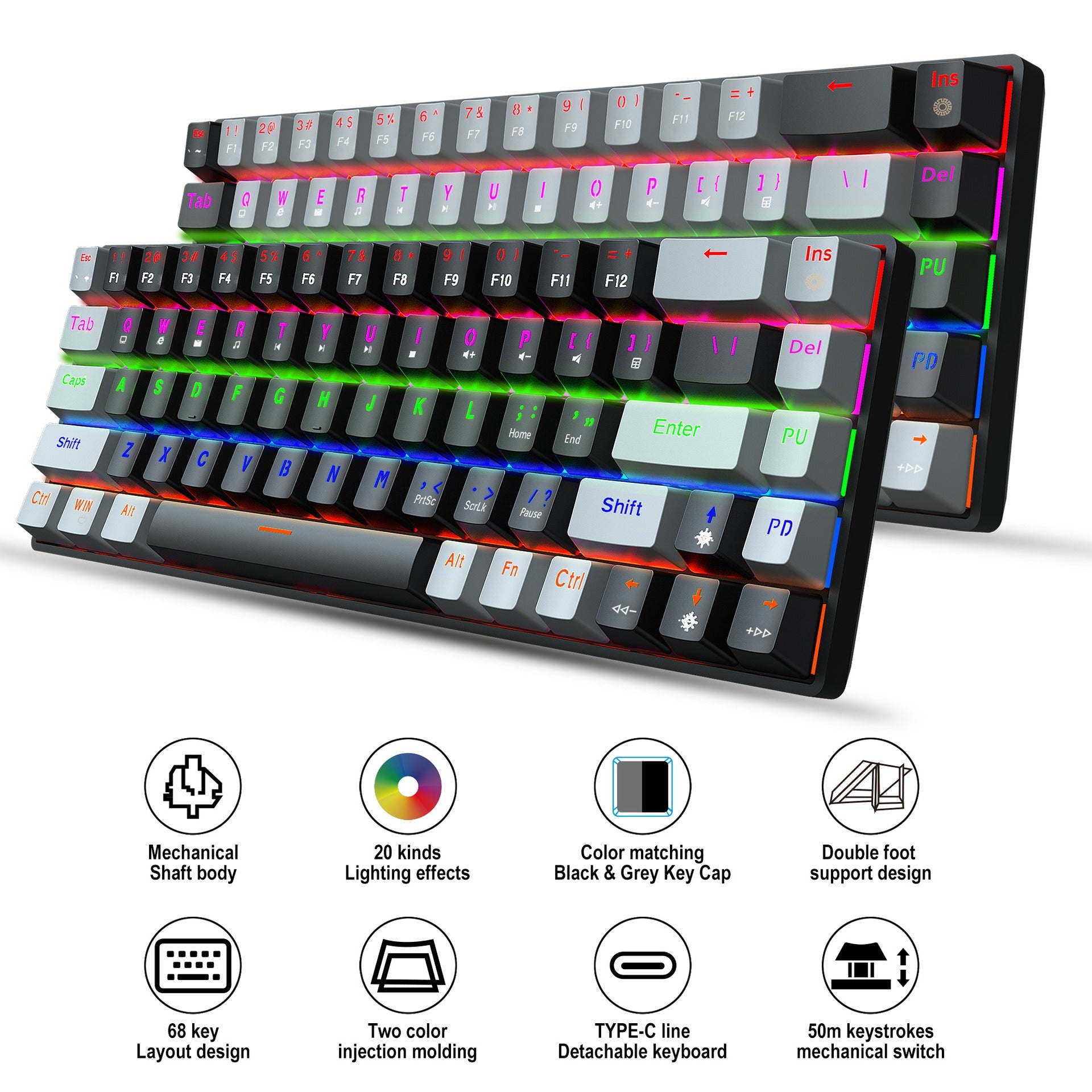 New 68 key RGB luminous esports game with blue and red axis mechanical keyboard laptop MAC 60% - E-Esther Clothing Store