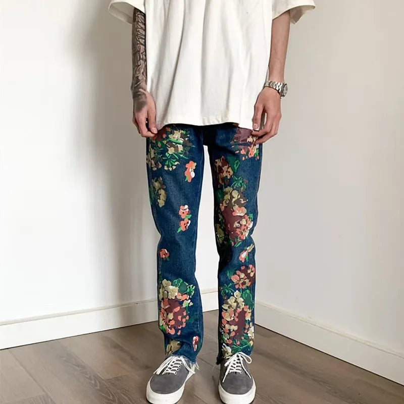 Style hand-painted floral graffiti fringed small straight leg men's trendy jeans - E-Esther Clothing Store