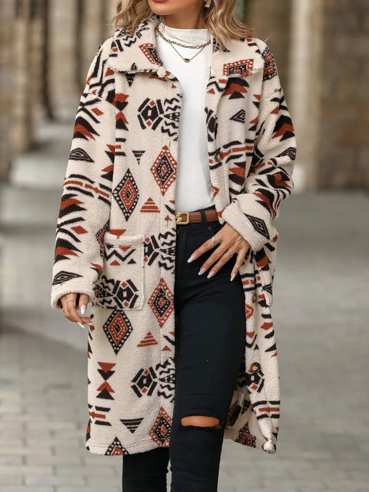 Geometric Pocketed Dropped Shoulder Coat - E-Esther Clothing Store
