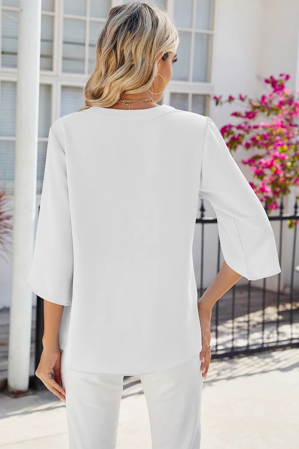 Solid color V-neck mid sleeve chiffon top for women - E-Esther Clothing Store