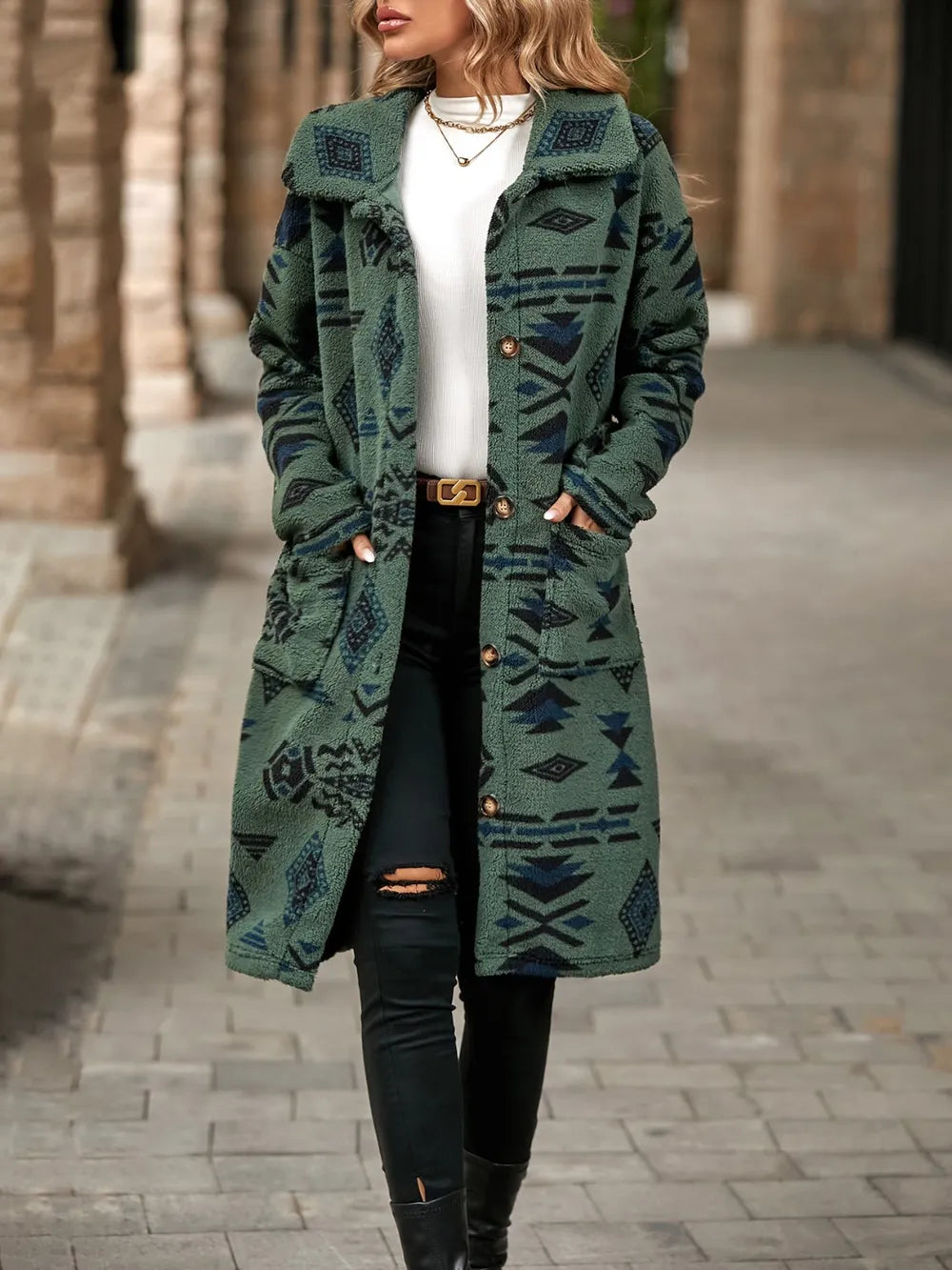Geometric Pocketed Dropped Shoulder Coat - E-Esther Clothing Store