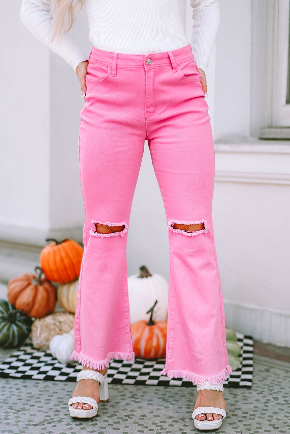 Pink Vintage High Waist Flare Leg Ripped Raw Hem Jeans - E-Esther Clothing Store