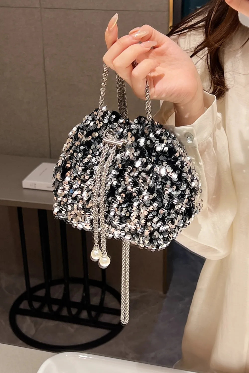 Sequin Chain Drawstring Bucket Bag - E-Esther Clothing Store