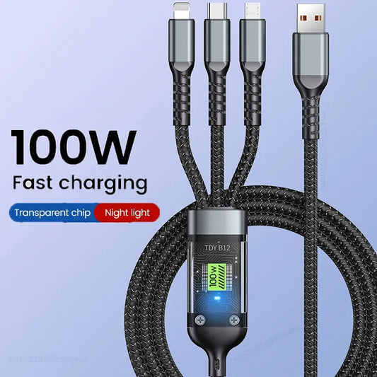 3 In 1 Usb 100w Type C/Iphone//Android Cable For Fast Charging