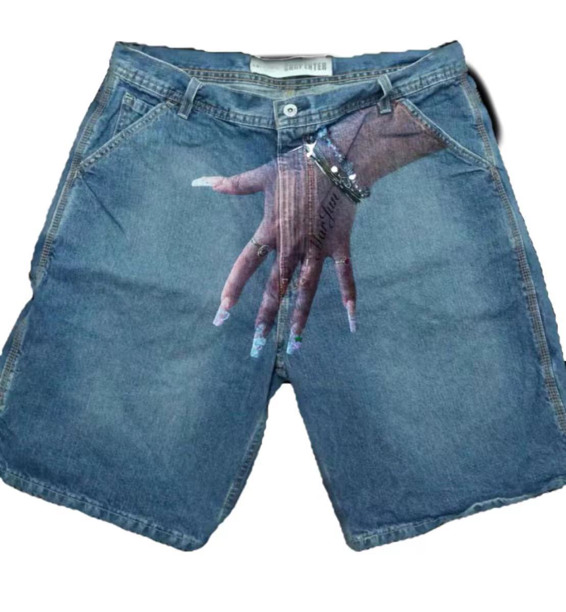 European and American Y2K hip-hop trend pattern printed denim shorts for men, high street fashion brands, couple casual five quarter pants - E-Esther Clothing Store