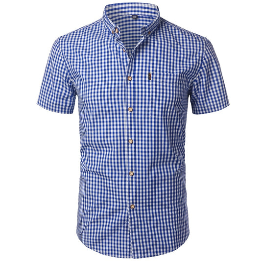 Small Plaid Shirt Men Summer Short Sleeve Cotton Mens Dress Shirts Casual Button Down Men's Shirt - E-Esther Clothing Store