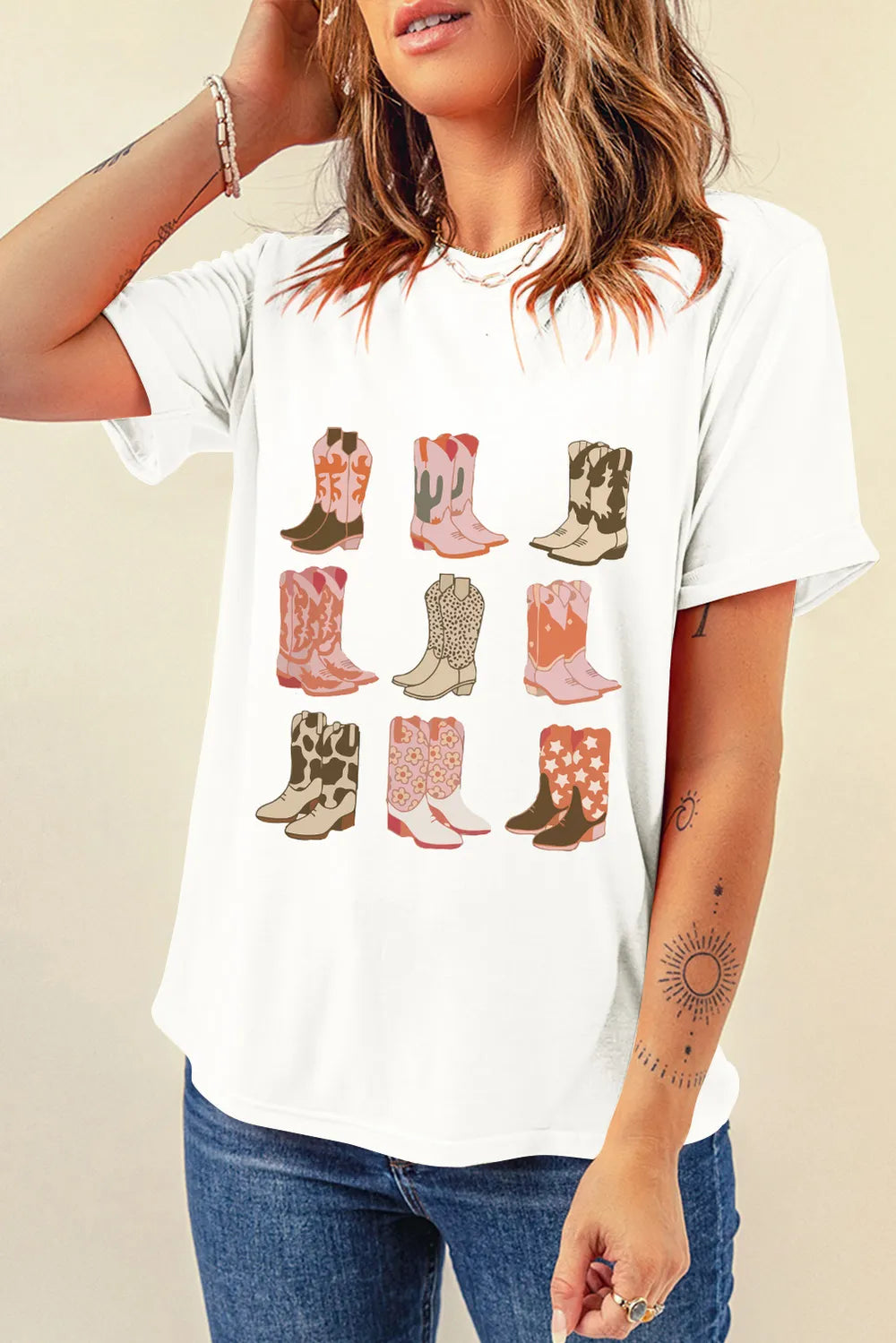Boot Graphic Round Neck Short Sleeve T-Shirt - E-Esther Clothing Store