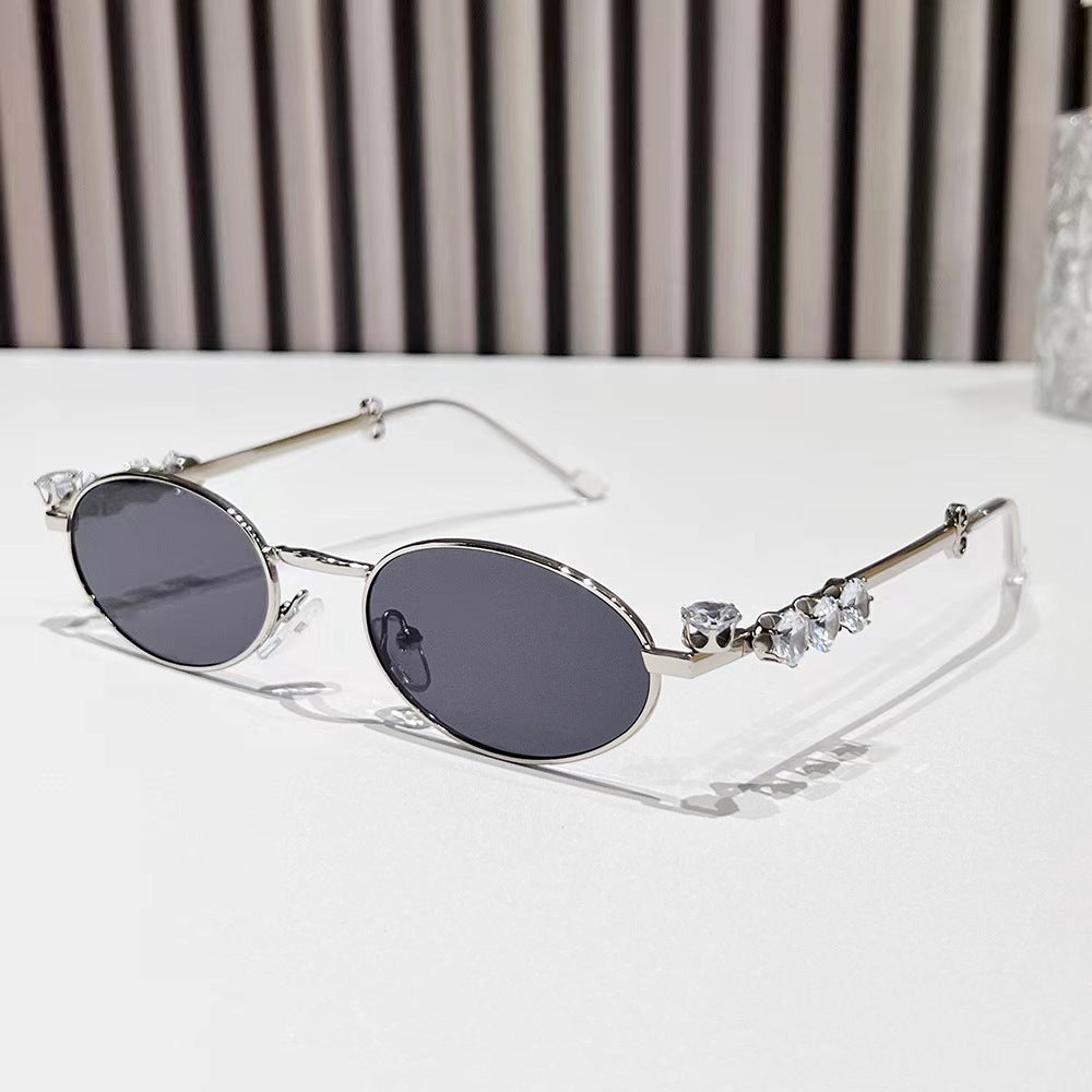 Metal inlaid diamond oval frame glasses resin anti blue light glasses rhinestone sunglasses - E-Esther Clothing Store