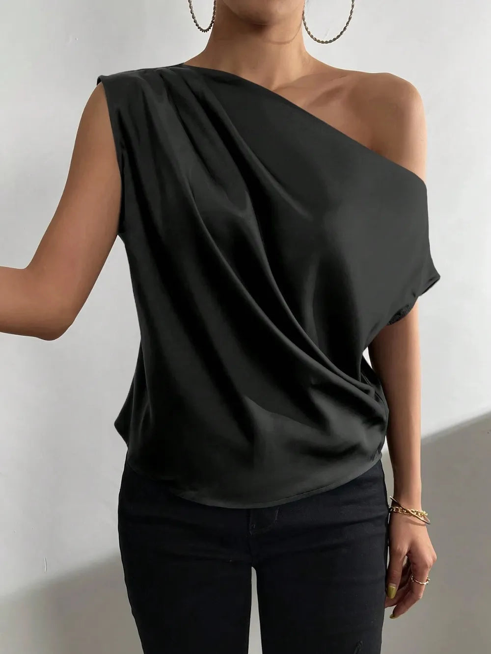 Women's Fashion Versatile Slant Neck Pinch Fold Single Shoulder Asymmetric Tank Top - E-Esther Clothing Store