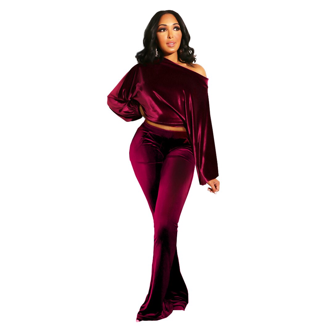 Autumn and Winter Women's Suit Pants Nightclub Sexy T-shirt Flannelette One Shoulder Slim Fit Elegant Women's 2-piece Set - E-Esther Clothing Store