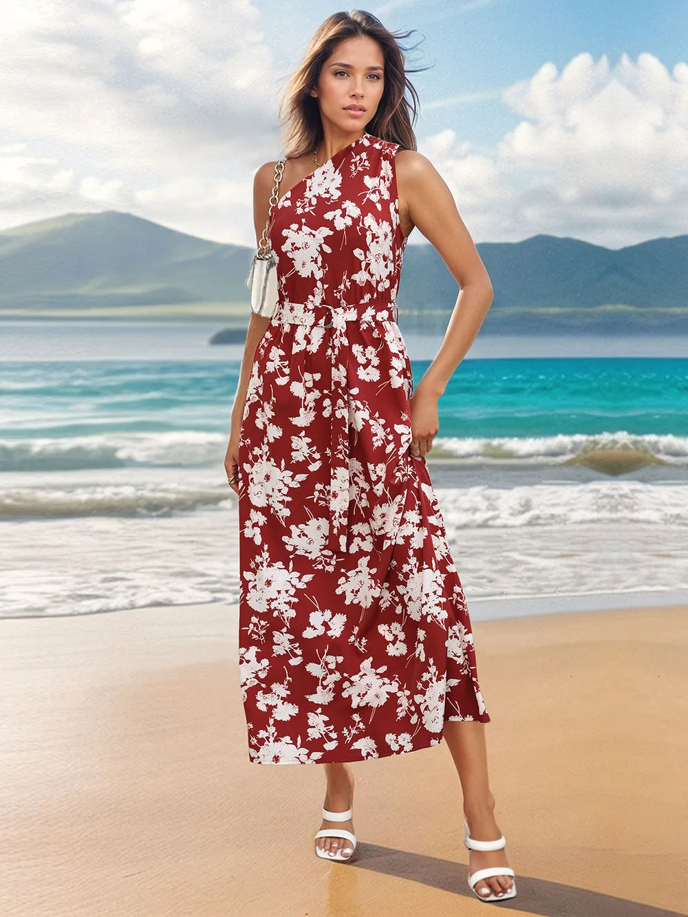 Printed Single Shoulder Sleeveless Dress - E-Esther Clothing Store
