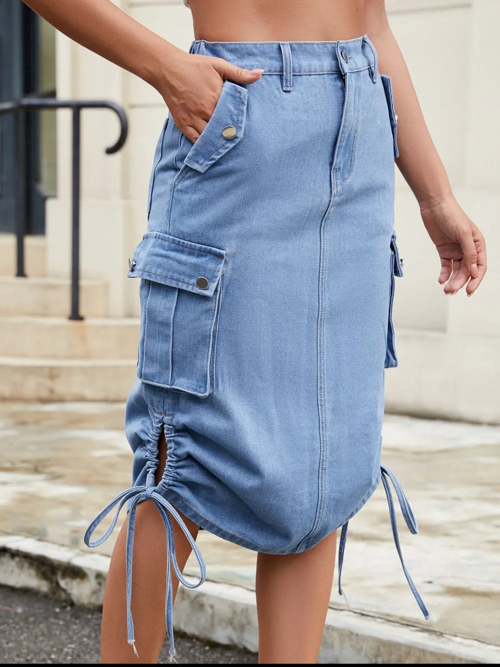 Drawstring Denim Skirt with Cargo Pockets - E-Esther Clothing Store