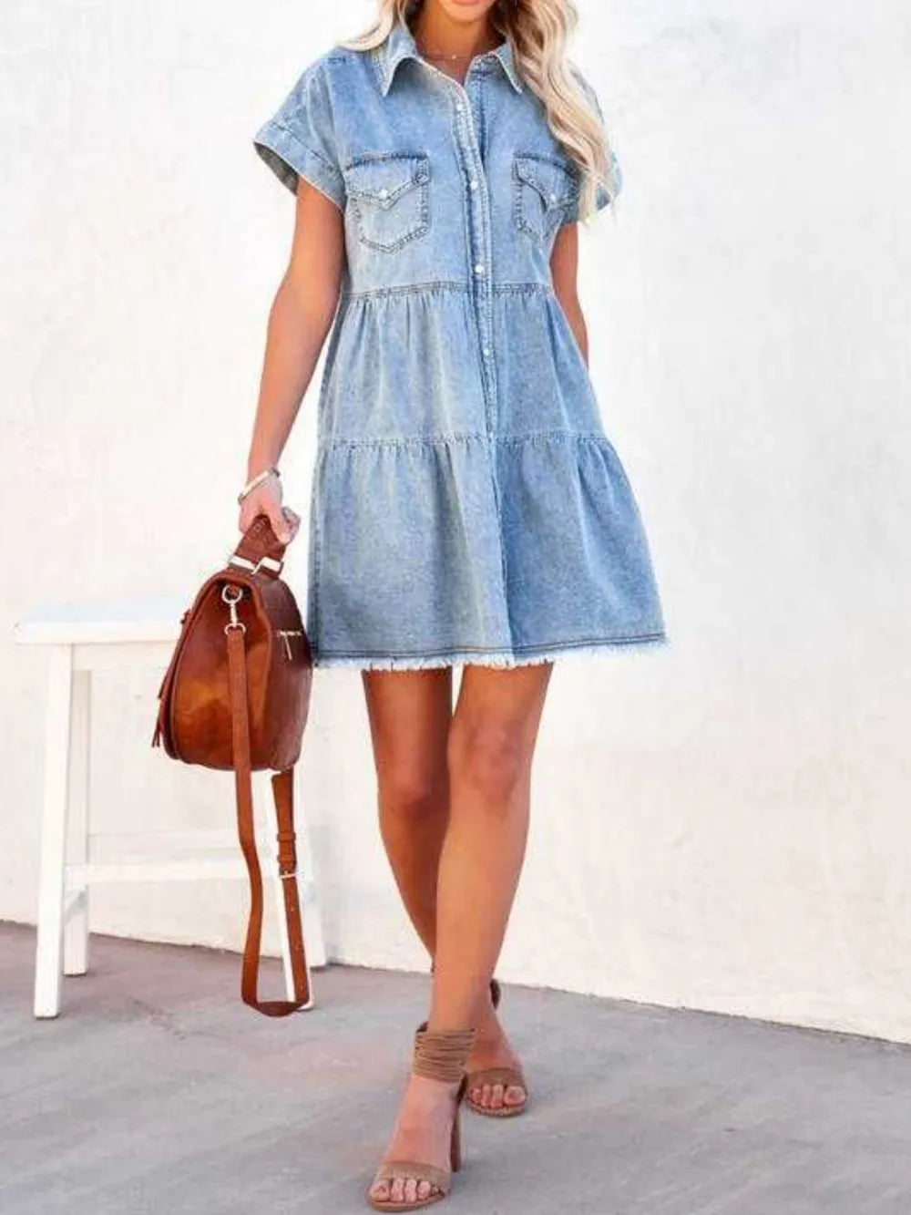 Raw Hem Short Sleeve Denim Dress - E-Esther Clothing Store