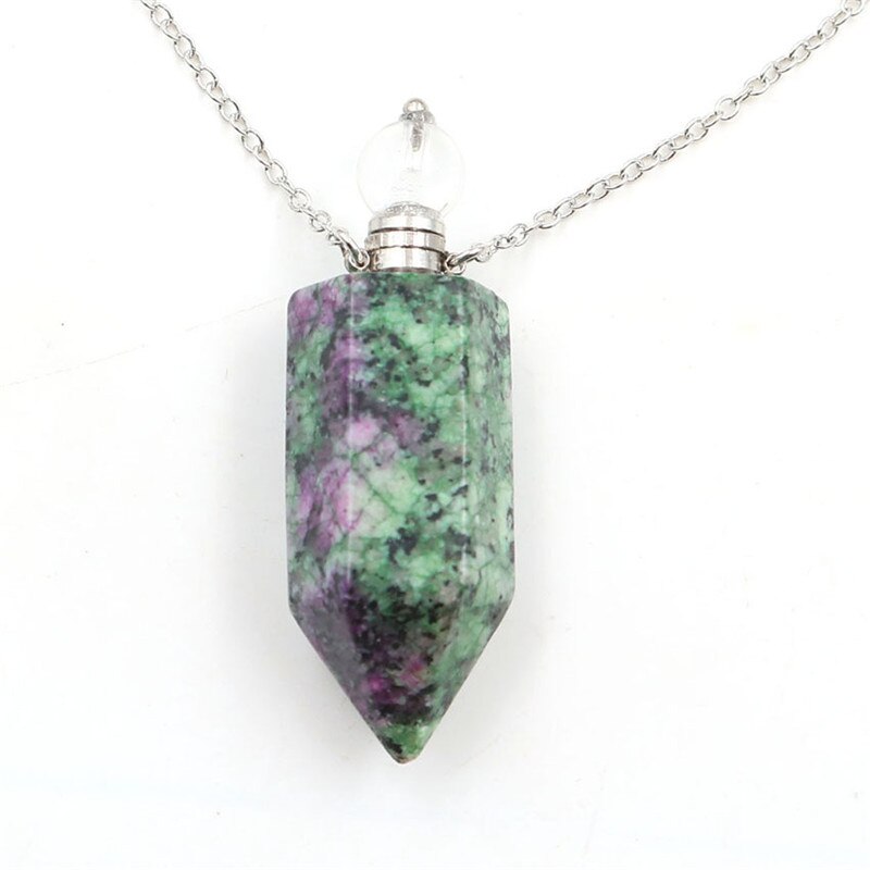 Natural Crystal Hexagonal Perfume Bottle Pendant Necklace Fluorite Pendant Essential Oil Jar Chain Necklace - E-Esther Clothing Store