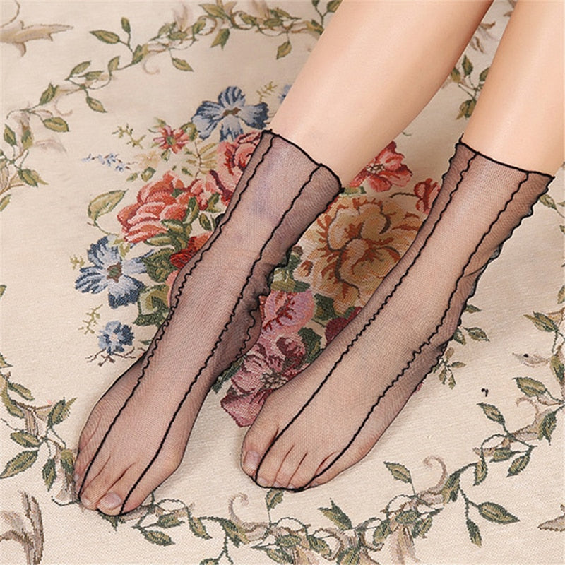 Spring and Summer Retro Lace Floral Mesh Women Socks Thin Middle Tube Transparent Sock Women Breathable Silk Ultrathin Sock New - E-Esther Clothing Store