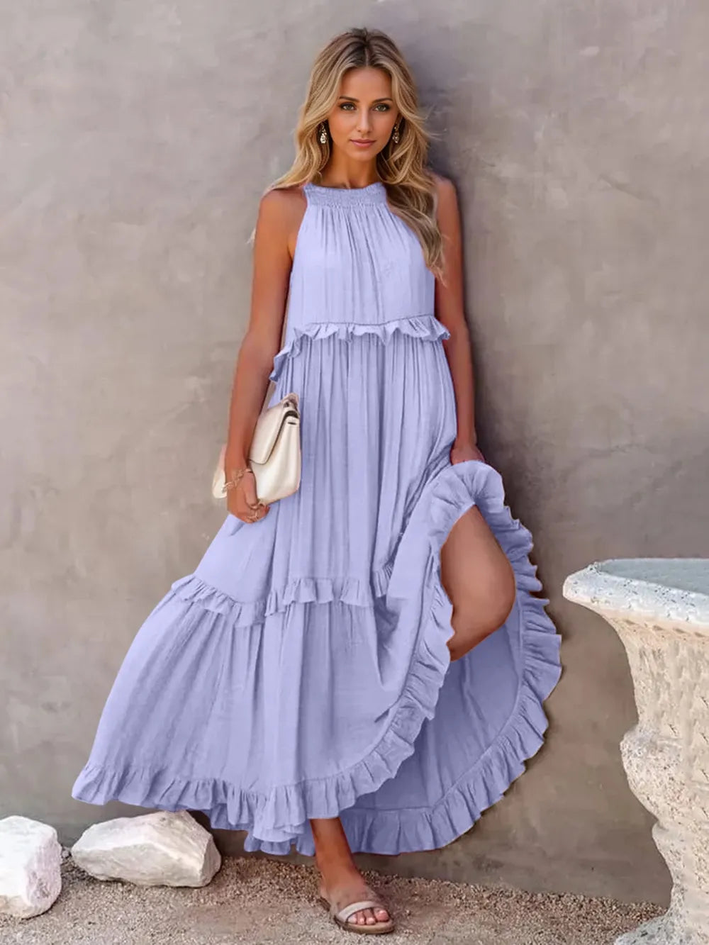 Ruffled Sleeveless Tiered Maxi Dress with Pockets - E-Esther Clothing Store
