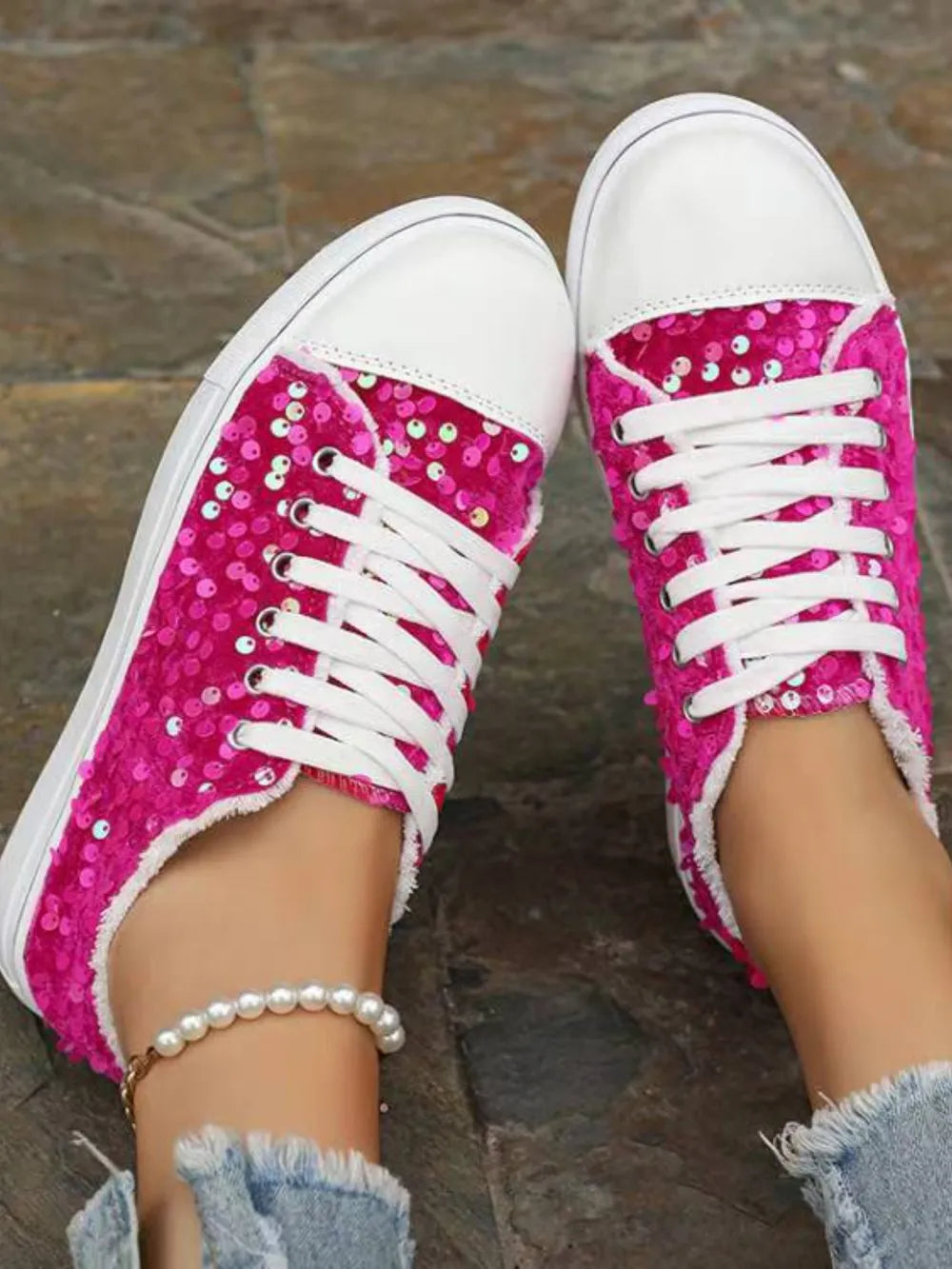 Sequin Round Toe Flat Sneakers - E-Esther Clothing Store