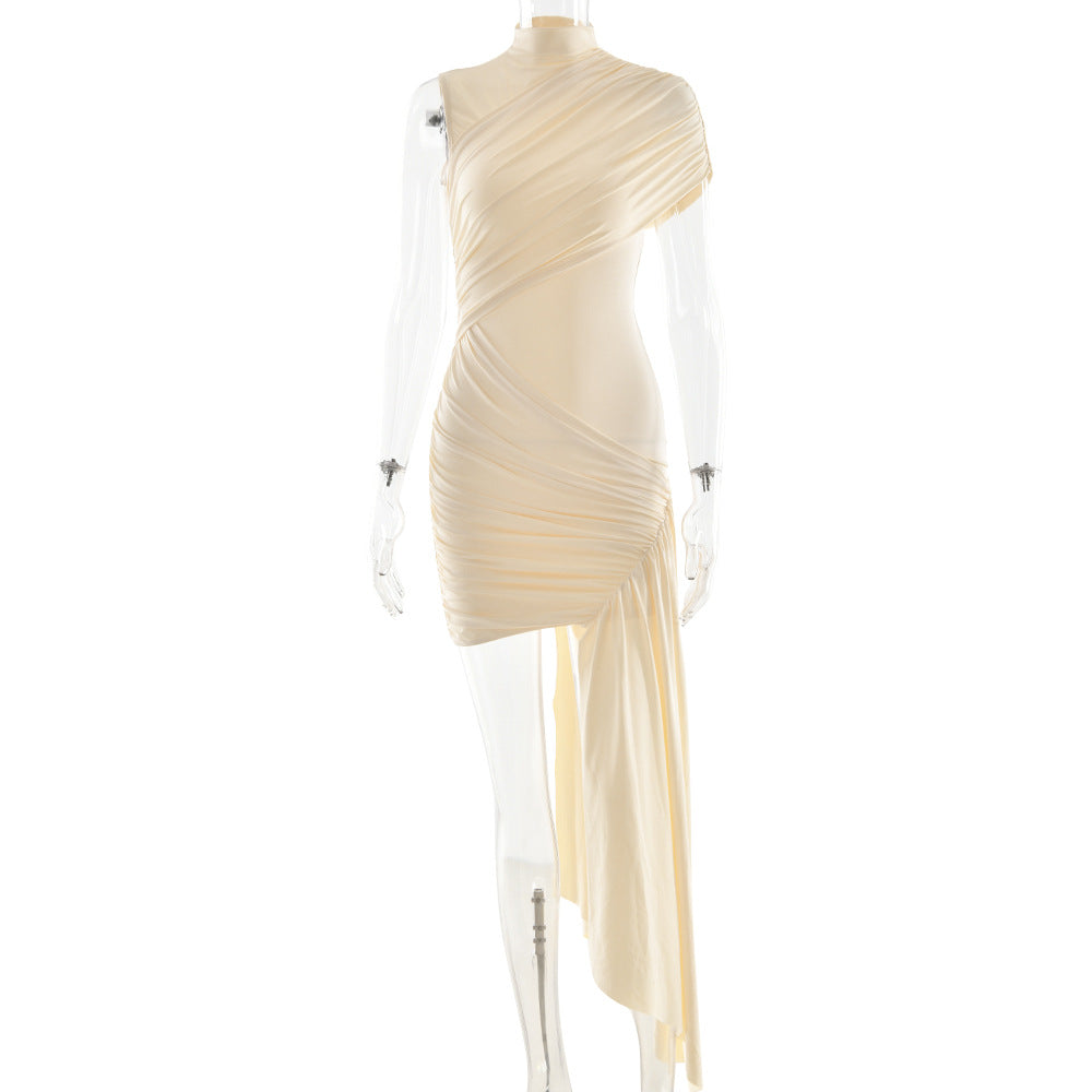 European and American slim fit ribbon dress with round neck pleats irregular hips sleeveless dress - E-Esther Clothing Store