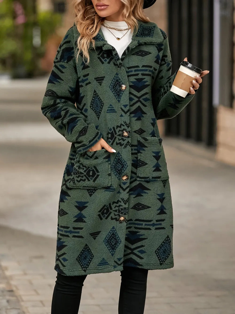 Geometric Pocketed Dropped Shoulder Coat - E-Esther Clothing Store