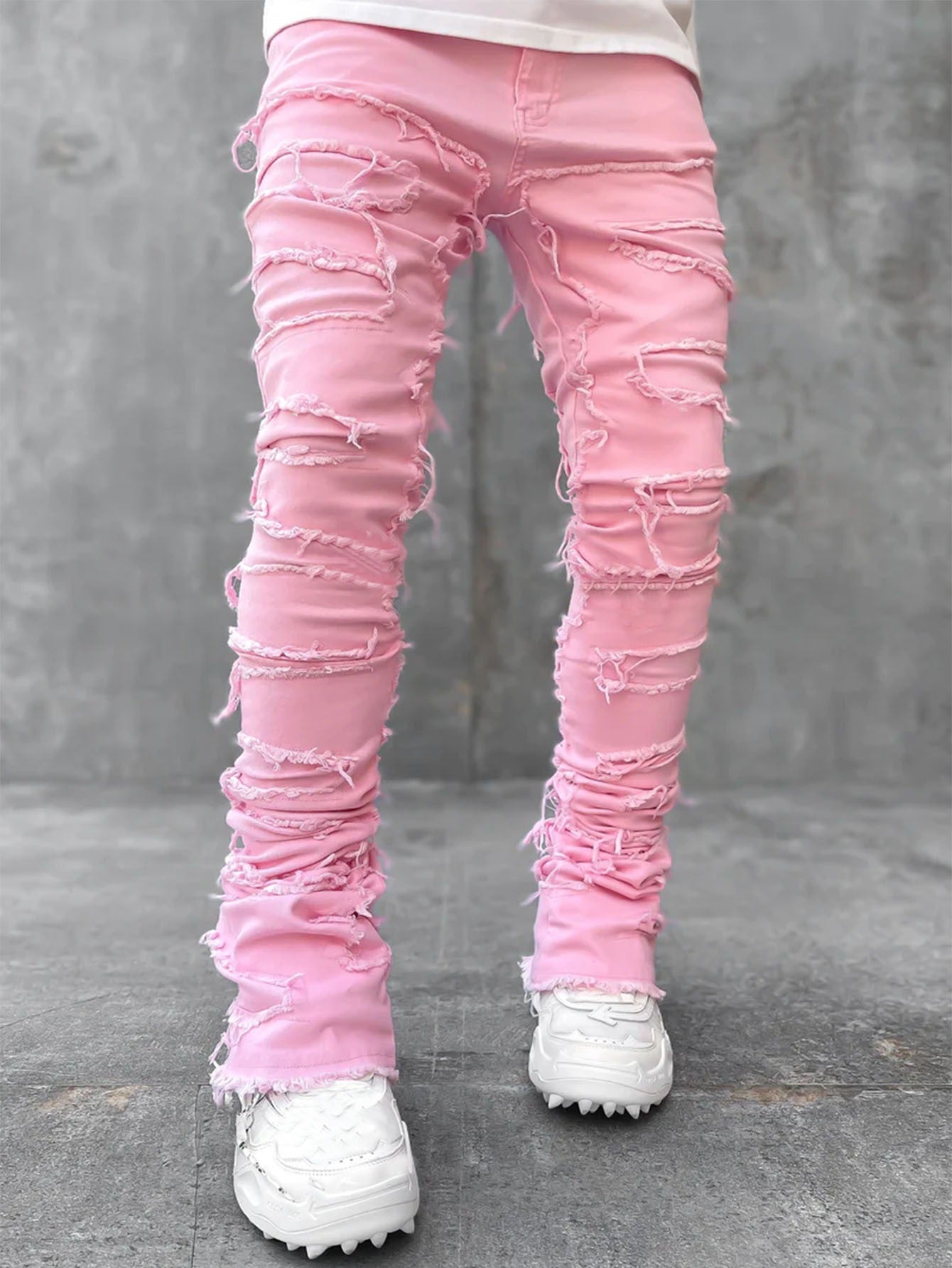 Men's denim straight leg pants with elastic patch fabric - E-Esther Clothing Store