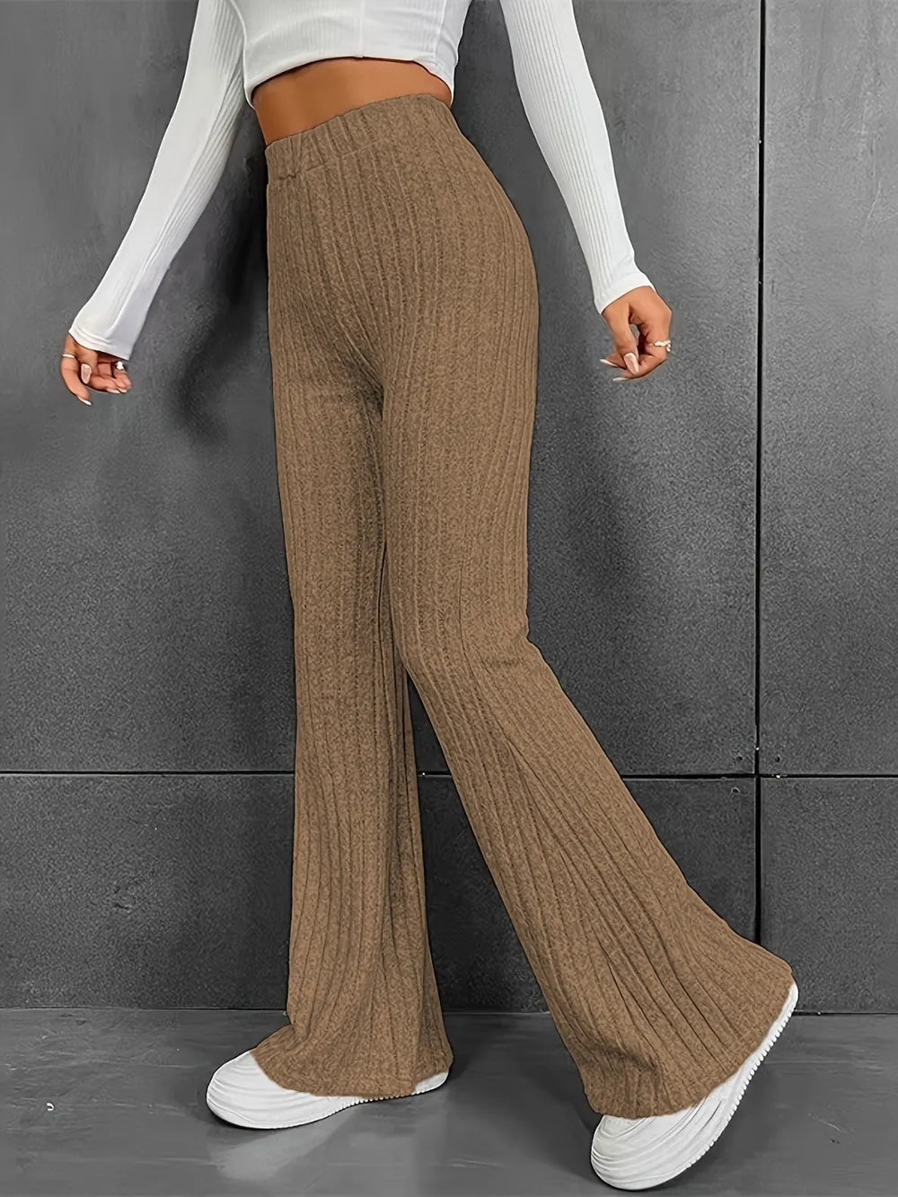 Fashionable and casual solid color micro flared high waisted pants for women - E-Esther Clothing Store