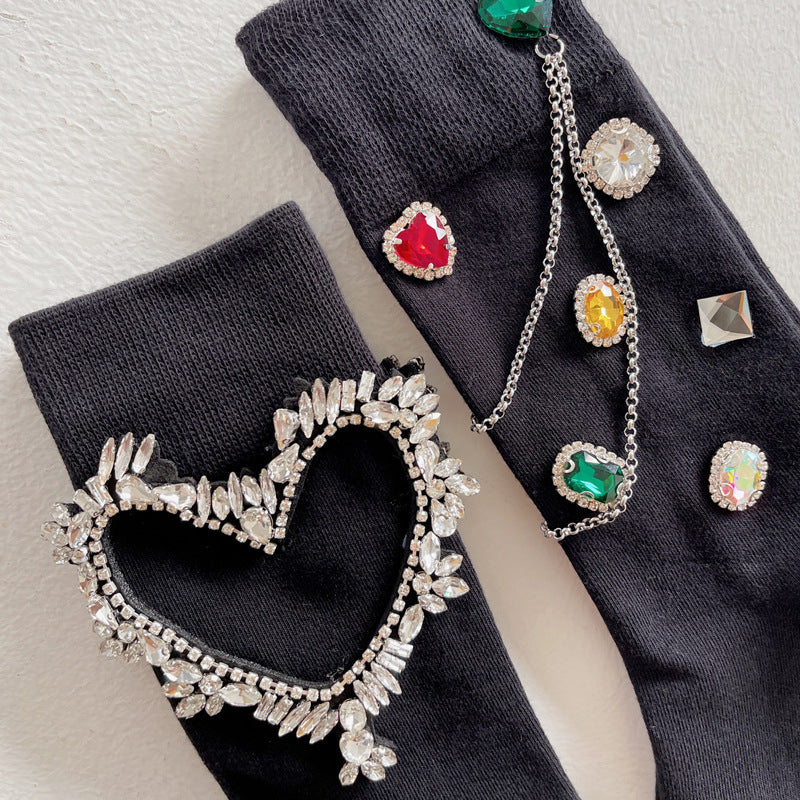 Summer and Spring European Luxury Love Diamond Black Chain Middle Tube Stacked Socks - E-Esther Clothing Store
