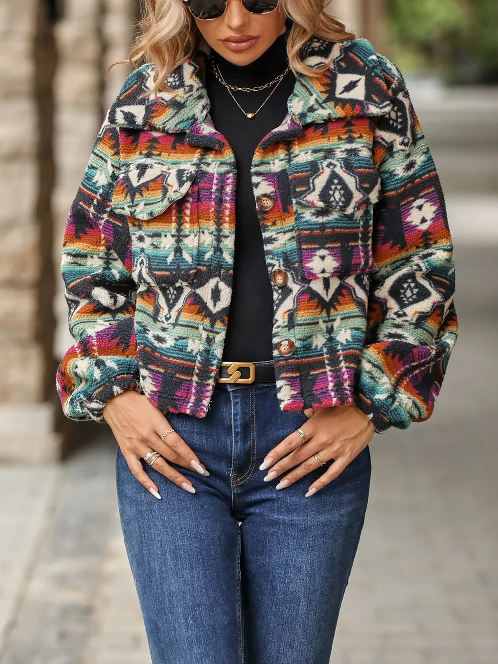 Geometric Dropped Shoulder Balloon Sleeve Outerwear - E-Esther Clothing Store