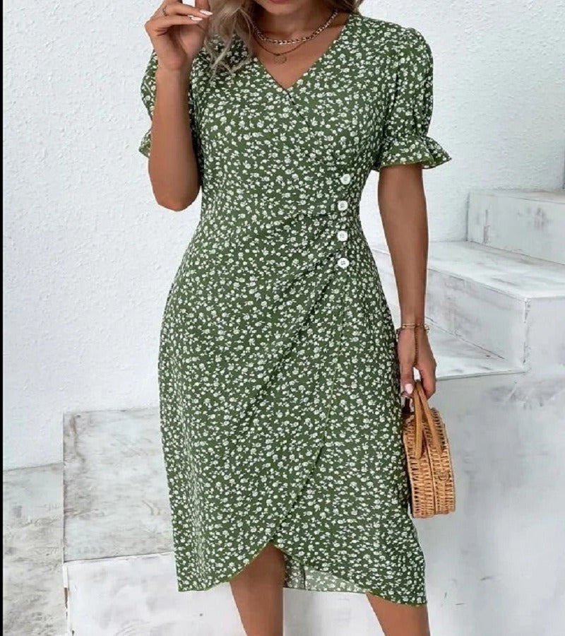 European and American Summer New Womens Vacation Leisure Flower Irregular Bottom V Neck Dress - E-Esther Clothing Store