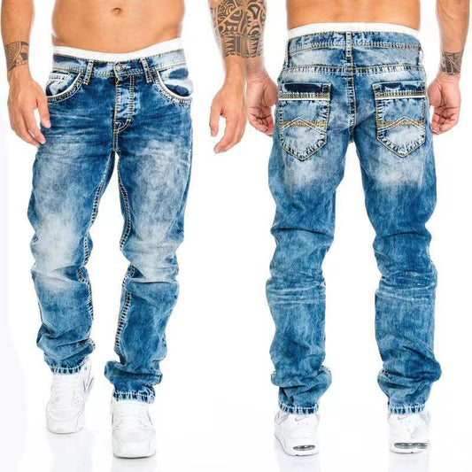European and American new jeans casual open line pants straight leg men's pants hip-hop jeans - E-Esther Clothing Store
