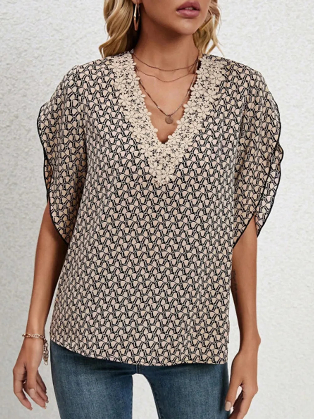 Lace Detail Printed V-Neck Half Sleeve Blouse - E-Esther Clothing Store