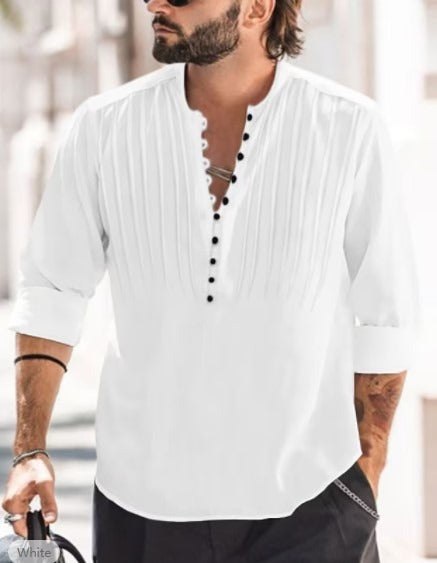Cotton and Linen Mens Casual Button Round Neck Solid Standing Collar Shirt - E-Esther Clothing Store