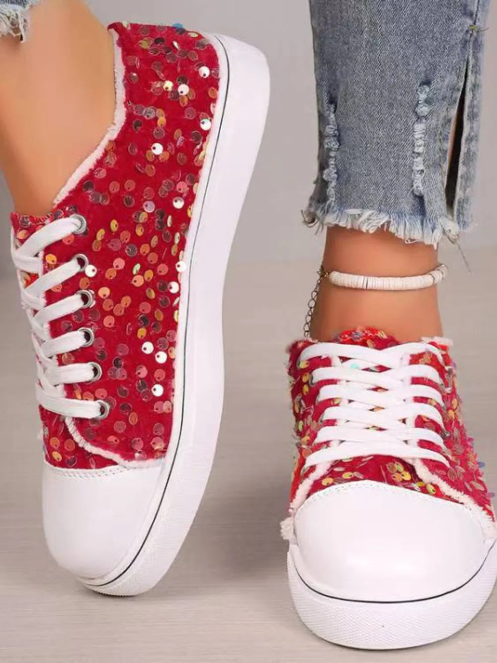 Sequin Round Toe Flat Sneakers - E-Esther Clothing Store
