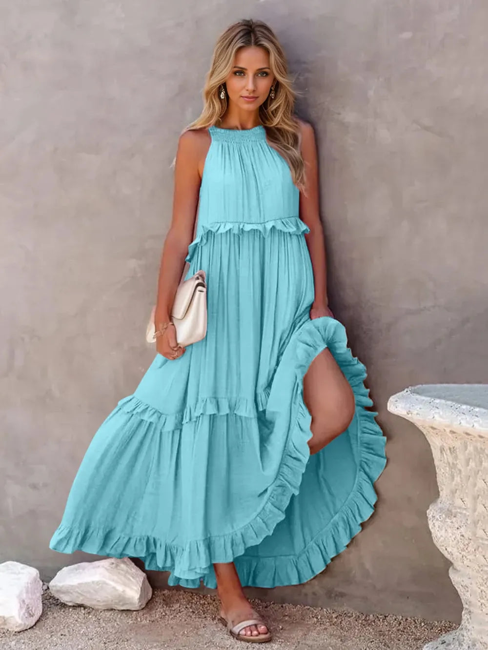 Ruffled Sleeveless Tiered Maxi Dress with Pockets - E-Esther Clothing Store