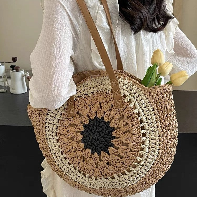 Paper rope hollow out colorful round plate grass woven bag casual beach bag one shoulder fashionable woven bag - E-Esther Clothing Store