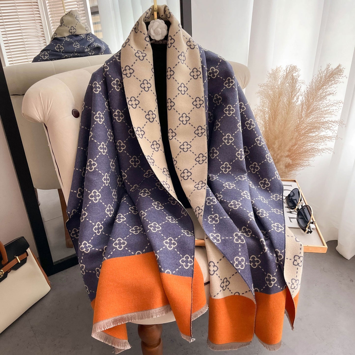 Imitation cashmere scarf women's sunflower pattern warm and thick long shawl scarf - E-Esther Clothing Store