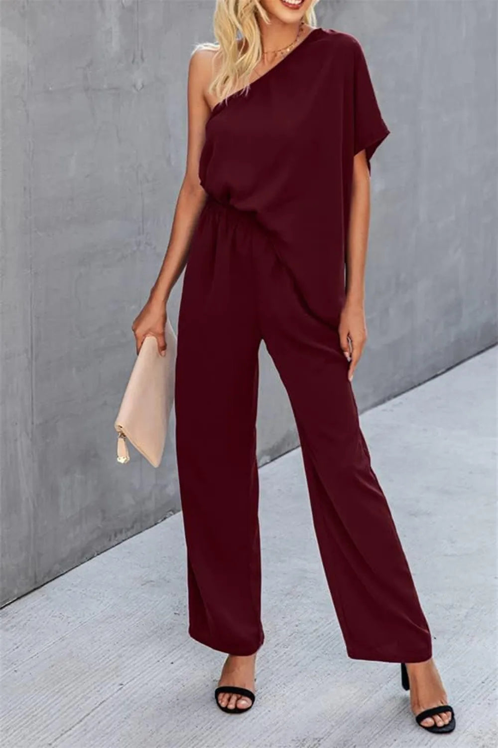 Single Shoulder Short Sleeve Jumpsuit - E-Esther Clothing Store