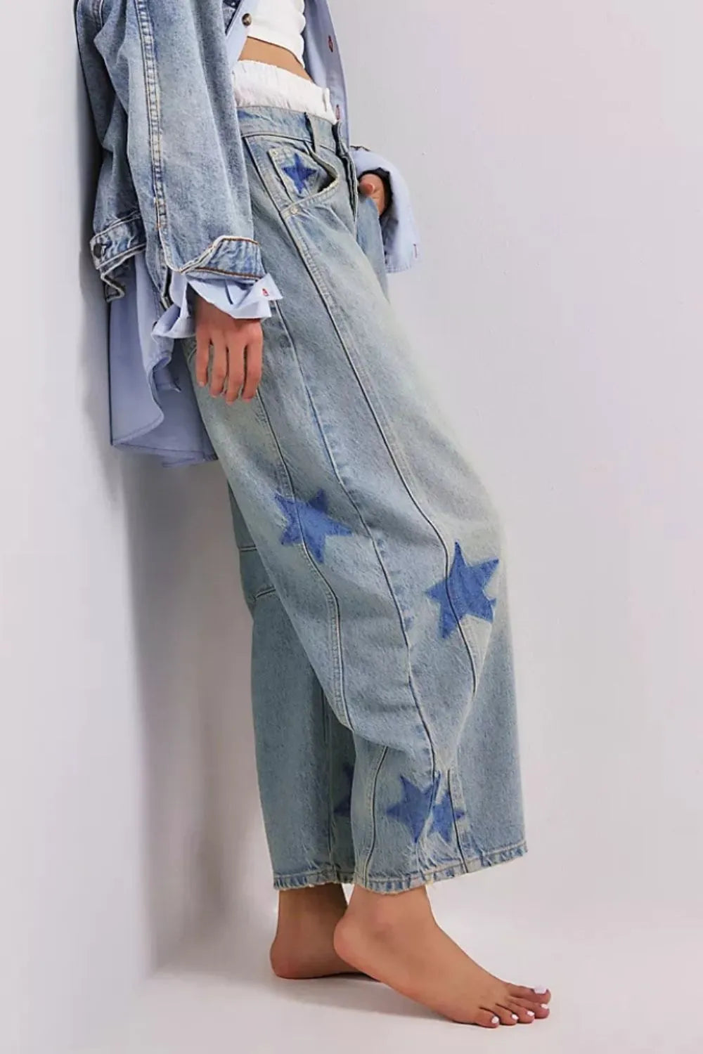 Contrast Star Wide Leg Jeans - E-Esther Clothing Store