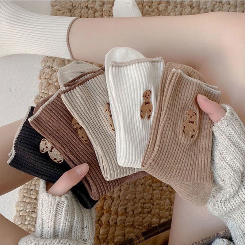 Women's Cute Bear Cotton Socks Comfortable Soft Crew Breathable Sports Sock Cartoon Short Sock Middle Tube Socks 6 pairs - E-Esther Clothing Store