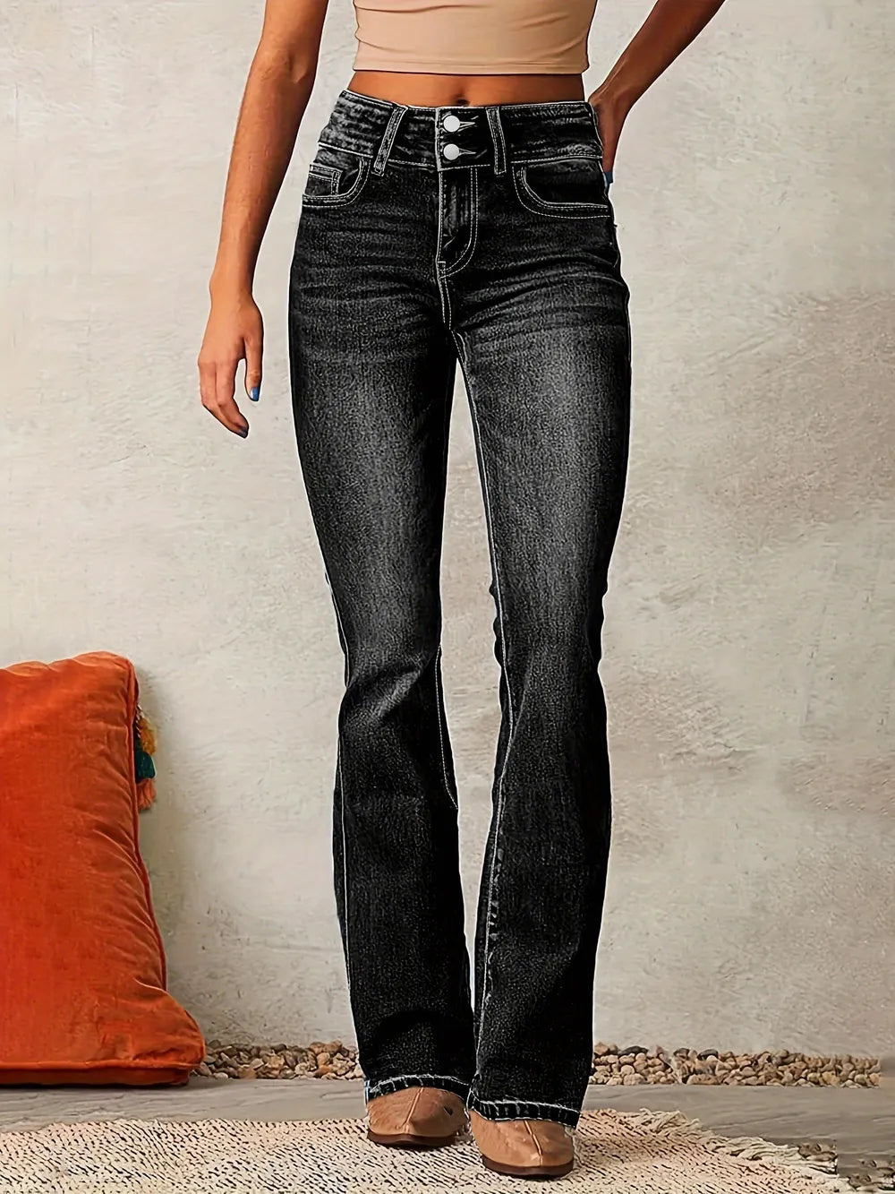 Cat Whisker Washed Bootcut Jeans - E-Esther Clothing Store