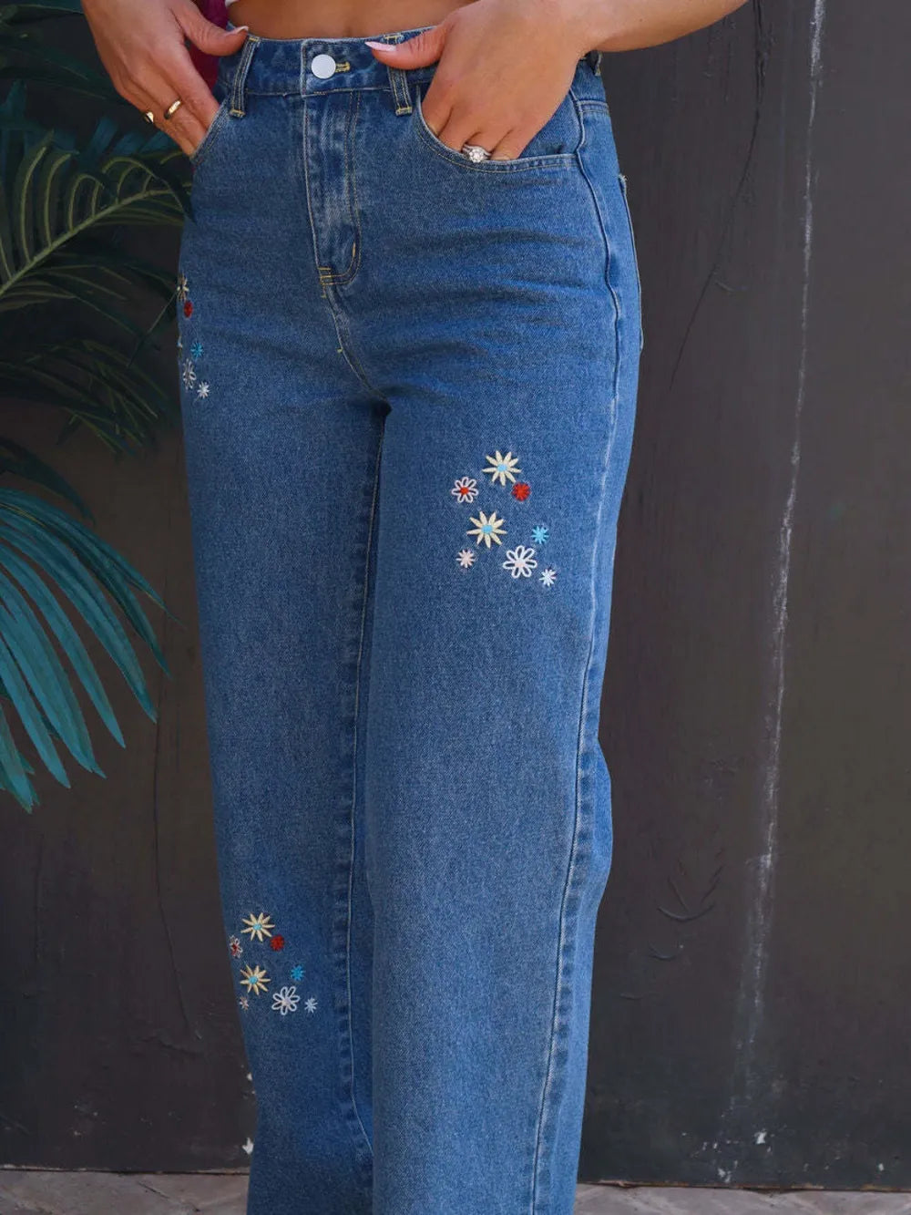 Fashionable and versatile floral embroidery slimming women's denim wide leg pants - E-Esther Clothing Store