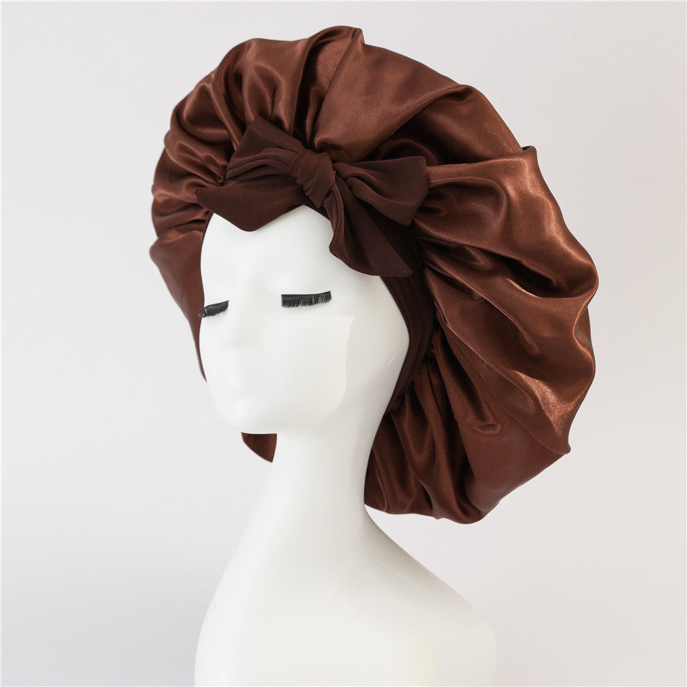 Elastic ribbon bow color Ding round hat solid color night cap wide-brimmed beauty hairdressing head scarf hat - E-Esther Clothing Store