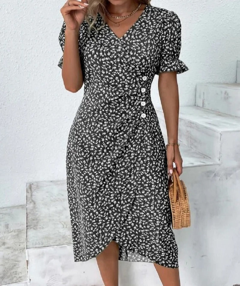 European and American Summer New Womens Vacation Leisure Flower Irregular Bottom V Neck Dress - E-Esther Clothing Store