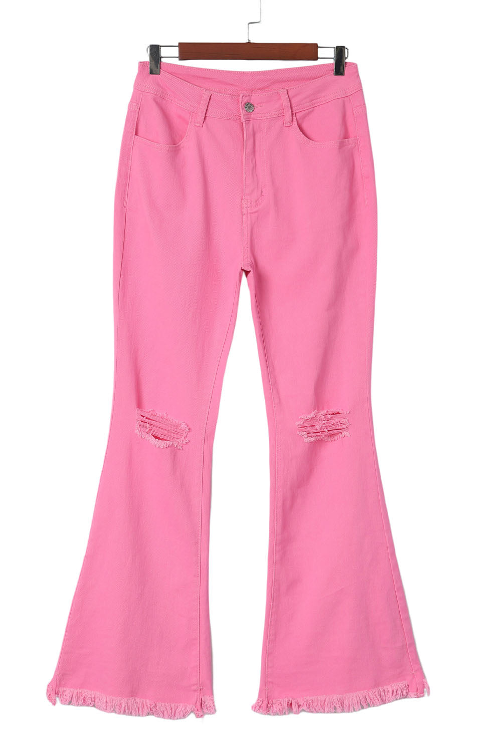 Pink Vintage High Waist Flare Leg Ripped Raw Hem Jeans - E-Esther Clothing Store