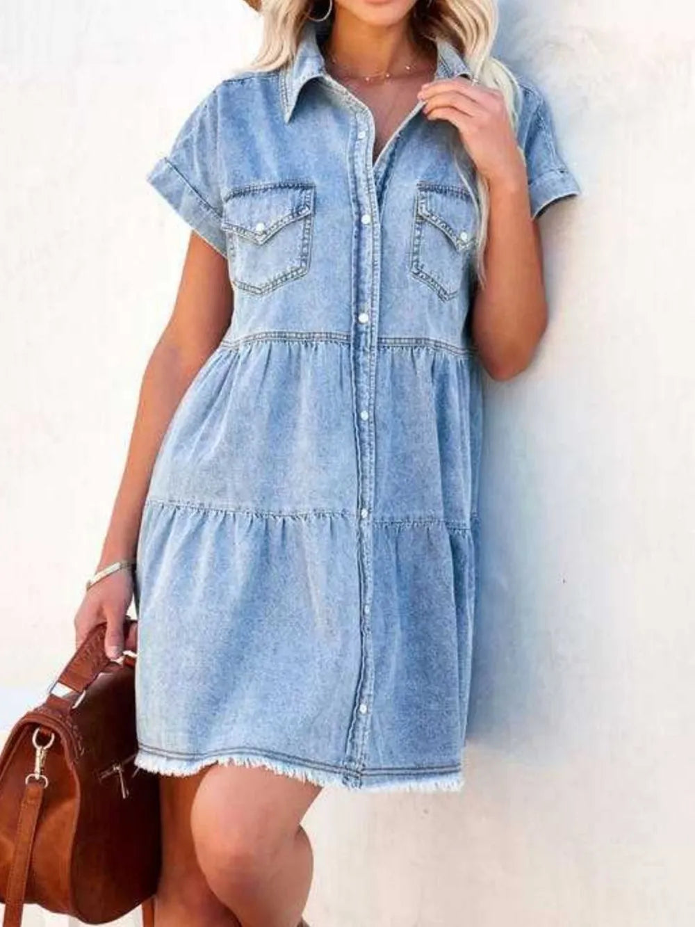 Raw Hem Short Sleeve Denim Dress - E-Esther Clothing Store