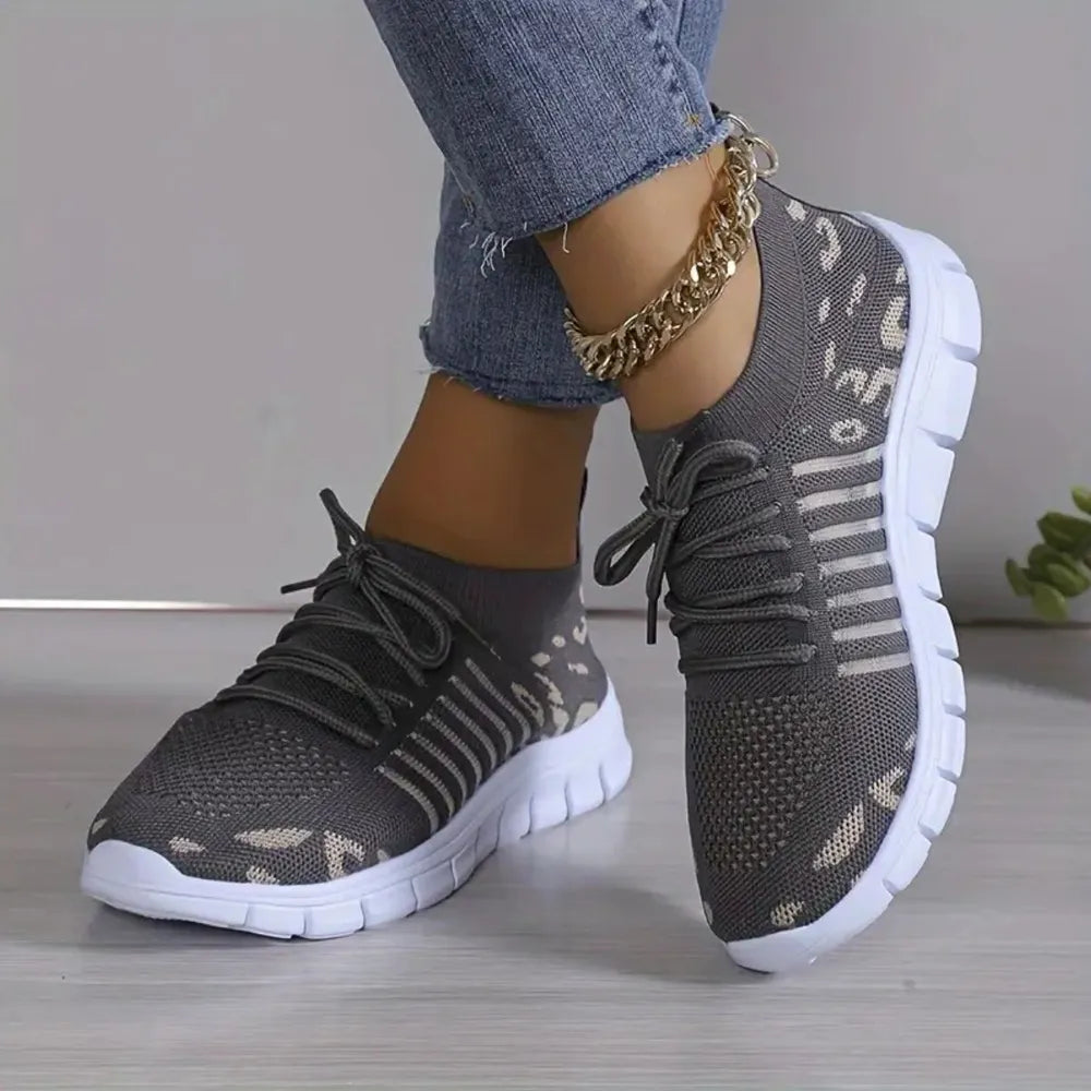 Leopard Round Toe Lace Up Athletic - E-Esther Clothing Store