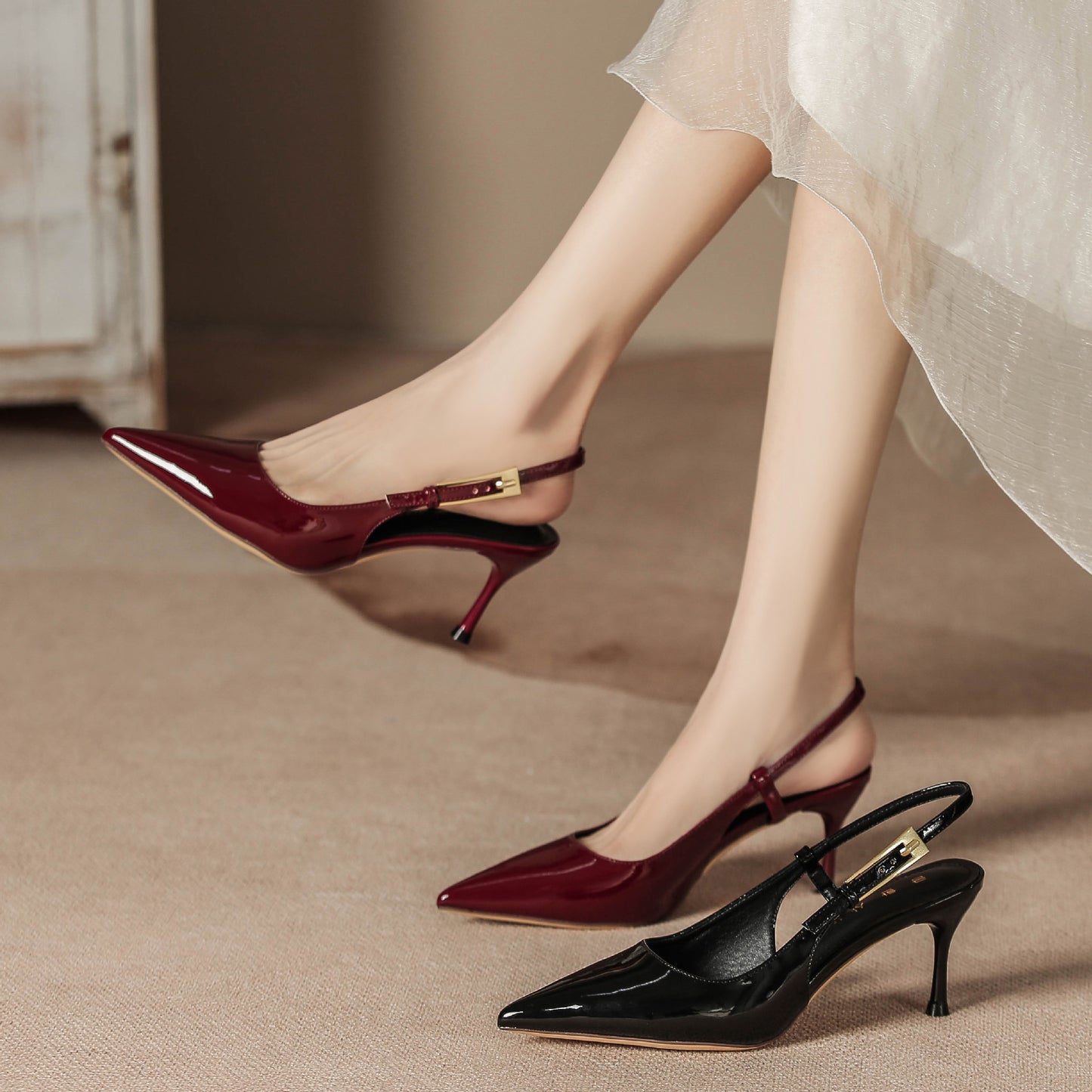 Women's High Heel Pointed Toe Stiletto Ankle Strap Pumps, Sexy Ladylike Red Patent Leather Open-Toe Shoes - E-Esther Clothing Store