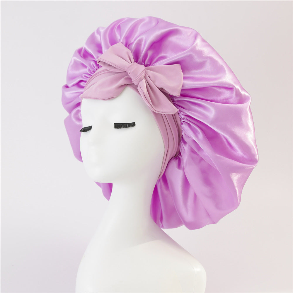 Elastic ribbon bow color Ding round hat solid color night cap wide-brimmed beauty hairdressing head scarf hat - E-Esther Clothing Store