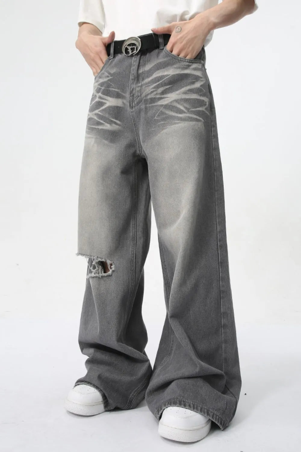 Distressed Wide Leg Jeans with Pockets - E-Esther Clothing Store
