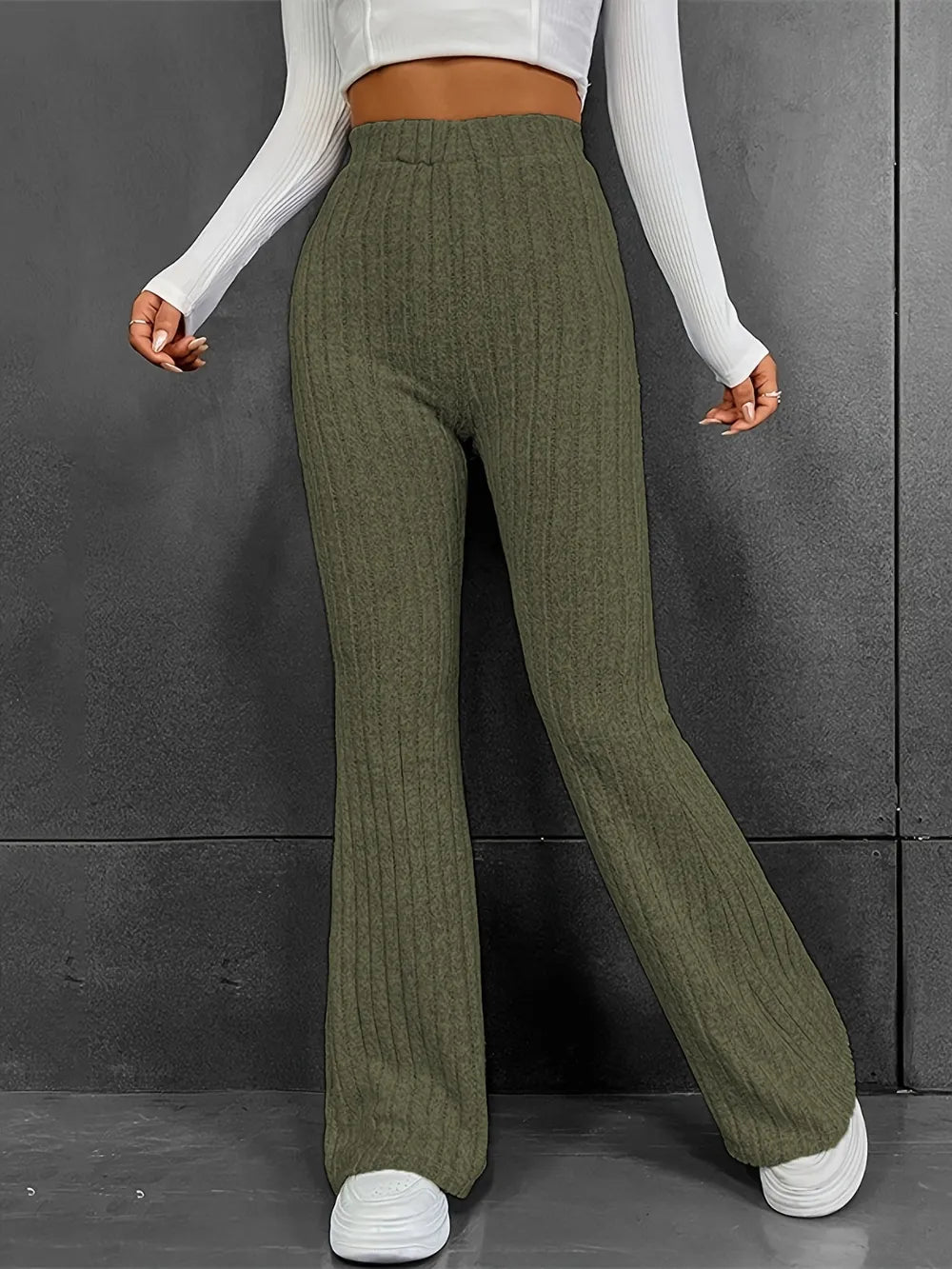 Fashionable and casual solid color micro flared high waisted pants for women - E-Esther Clothing Store