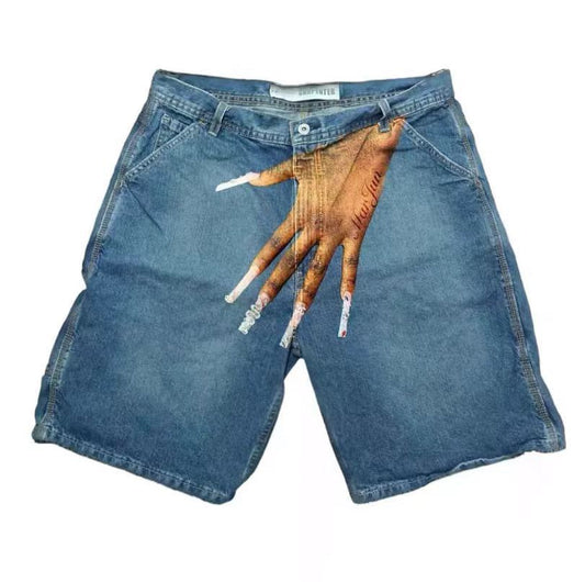 European and American Y2K hip-hop trend pattern printed denim shorts for men, high street fashion brands, couple casual five quarter pants - E-Esther Clothing Store